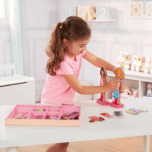 Vista 6 de Melissa & Doug Abby and Emma - Juego de muñecas magnéticas de madera para vestir (más de 55 piezas), muñecas magnéticas, juegos de simulación