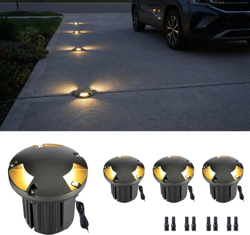 Vista 25 de Gardenreet Kit de luces de pozo de latón en el suelo (paquete de 4) con transformador de bajo voltaje de 75 W y bombilla MR16 y cable y conectores