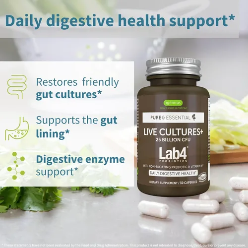 Vista 2 de Live Cultures+ Probióticos Lab4 + Complejo Super B12, paquete vegano, 25 mil millones de UFC Lactobacillus Acidophilus y Bifidobacterium + B12