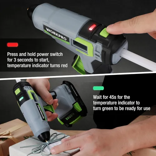 Vista 6 de WORKPRO Kit de pistola de pegamento termofusible inalámbrica de 20 V, batería de iones de litio de 2.0 Ah, pistola de pegamento caliente recargable