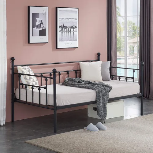 Vista 23 de VECELO Base de cama de tamaño individual con cabecero y estribo de madera, base de colchón con listones de metal fuertes y soporte antideslizante