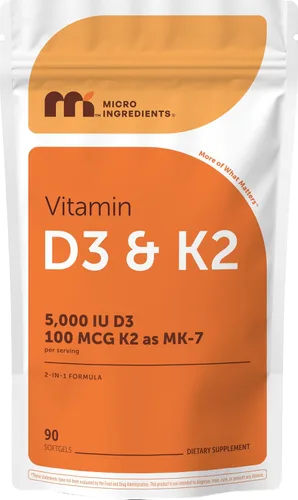 Micro Ingredients Vitamina D3 5,000 UI + K2 MK-7 100 mcg por porción, 90 cápsulas blandas | Suplemento 2 en 1 D3 K2 | Fácil de tragar, sin OMG, sin