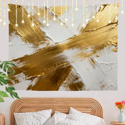 Vista 7 de Shrahala Tapiz abstracto de pintura retro, pintado al óleo de oro blanco, rústico, para colgar en la pared, fondo de poliéster con impresión Hd