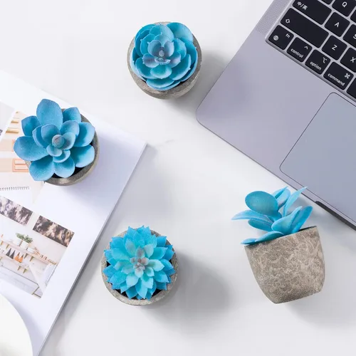Vista 7 de Jelofly Plantas suculentas artificiales en maceta, 4 piezas de mini suculentas falsas con maceta de pulpa, suculentas artificiales decorativas