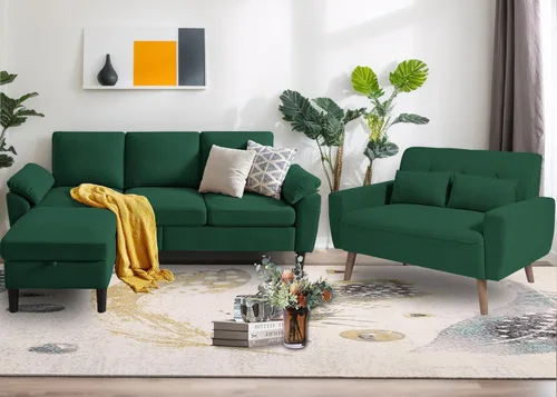 Vista 22 de Juego de sofás modulares de 3 piezas, sofás de 3 plazas en forma de L y sofá biplaza con sillón y otomana de almacenamiento para sala de estar, Verde