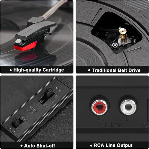 Vista 5 de Tocadiscos con altavoces, reproductor de discos de vinilo Bluetooth con grabación, reproductor LP portátil de maleta de 3 velocidades, tocadiscos