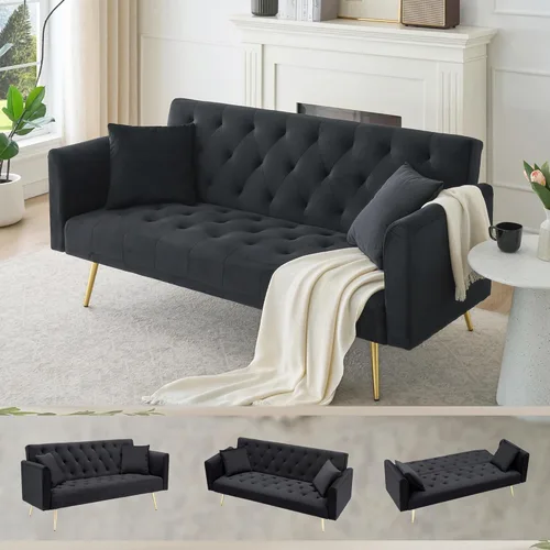 Vista 96 de Sofá cama moderno de terciopelo de 72 pulgadas, sofá cama plegable convertible con 3 respaldos ajustables, sofá biplaza reclinable copetudo