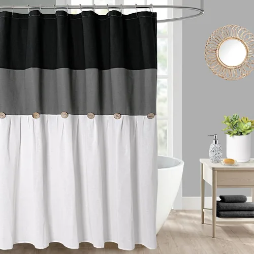 Vista 40 de DOSLY IDÉES Cortina de ducha de granja, rayada en beige y negro, gofre beige spa, cortina con botón, tela tejida de algodón, estilo campestre