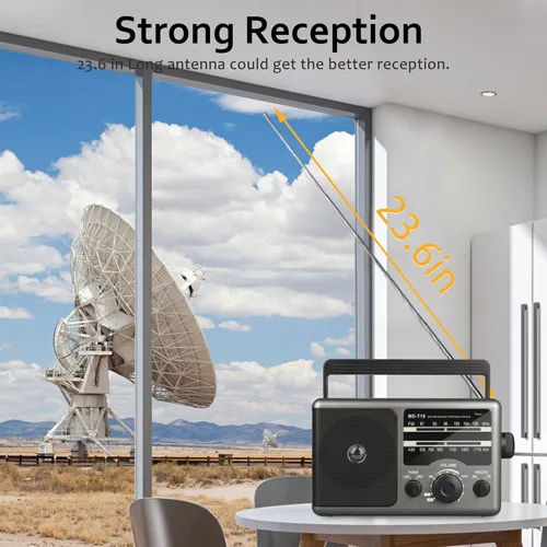 Vista 2 de Radio AM FM portátil operada con baterías transistor de radio con 4 pilas D o alimentación CA con un altavoz grande, conector estándar