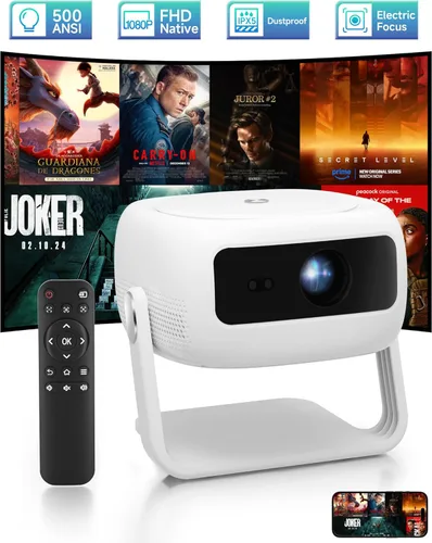 Proyector Native HD 1080P con soporte 4K, WiFi 6, Bluetooth, diseño a prueba de polvo, enfoque motorizado, altavoz integrado, proyector inteligente