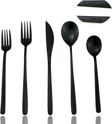 JASHII Juego de cubiertos de acero inoxidable SUS304 de 30 piezas, color negro pulido espejo, juego de cubiertos para cena, tenedor, cuchara,