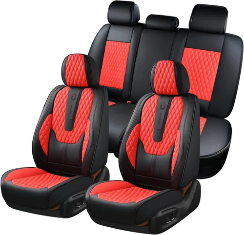 Vista 48 de Coverado - Juego completo de fundas de asiento para automóvil, de piel de napa, protector impermeable con soporte lumbar, con ajuste universal