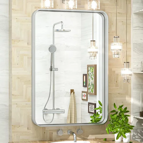 Vista 53 de TokeShimi Espejo de pared de baño de níquel cepillado de 20 x 30 pulgadas, marco de metal, esquina redonda, rectangular, para decoración del hogar