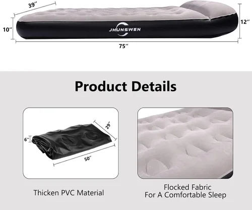 Vista 2 de JHUNSWEN Colchón de aire individual con almohada para campamento colchones portátiles con parte superior flocada colchón inflable a prueba de fugas