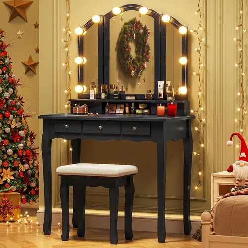 Vista 9 de Tiptiper Juego de mesa de tocador con espejo plegable triple iluminado, tocador de maquillaje con luces y 3 modos de iluminación