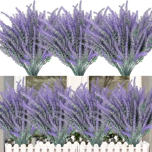 TURNMEON 10 paquetes de flores artificiales de lavanda para decoración de verano al aire libre, resistentes a los rayos UV, plantas falsas flocadas,