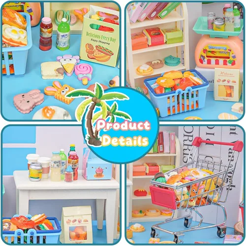 Vista 6 de 196 piezas Mini carrito de compras carrito carrito de comestibles modelo de juego botella de bebida en miniatura comida pizza con caja Supermercado