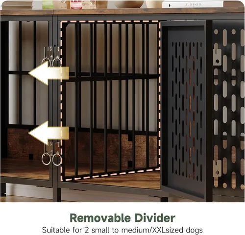 Vista 5 de ONBRILL Mueble de jaula para perros de 63 pulgadas para 1 o 2 perros, jaula doble grande para perros con divisor extraíble, jaula de madera
