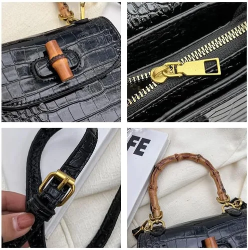 Vista 6 de Bolso de mano de cuero artificial de bambú con asa superior para mujer, elegante bolso de noche, regalo para mujer, hecho a mano