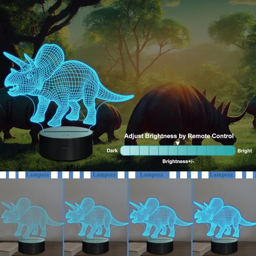 Vista 5 de CooPark Luz nocturna decorativa de dinosaurio 3D, 4 patrones con control remoto, 16 cambios de color, regalos de dinosaurio para niños