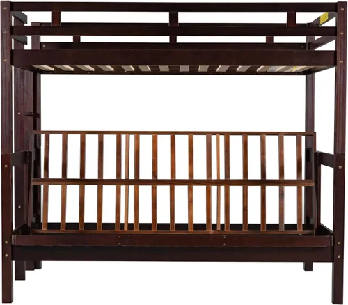 Vista 22 de Elegante litera individual sobre matrimonial con escaleras y barandillas de seguridad, la cama de plumón se puede convertir en sofá cama