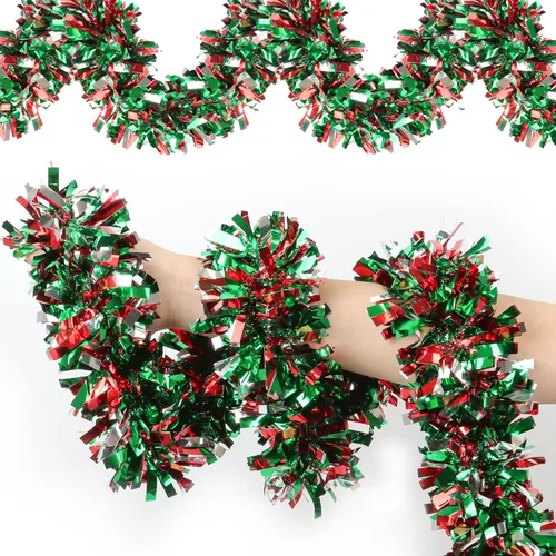 Guirnalda de oropel navideño de 50 pies para decoraciones de árbol de Navidad, rojo verde plateado metálico brillante colgante, guirnaldas navideñas