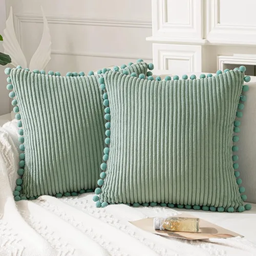 ANRODUO Paquete de 2 fundas de almohada decorativas de pana de 20 x 20 pulgadas, color gris y verde, fundas de almohada cuadradas bonitas y suaves