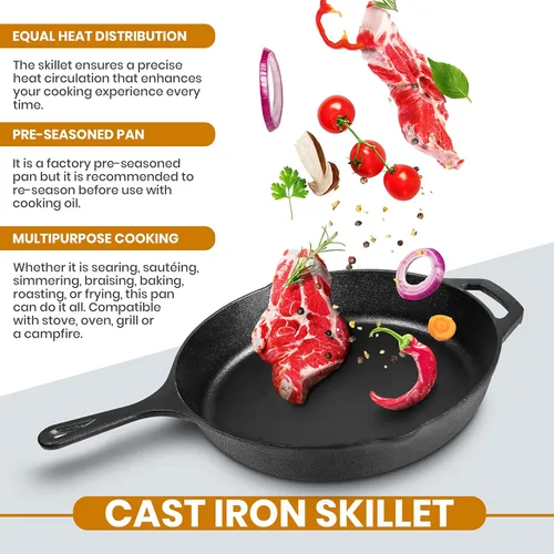 Vista 4 de Utopia Kitchen Sartén de Saltear y Freír de Hierro Fundido Pre-Sazonada con Tapa, Sartén, Olla de Hierro Fundido, Utensilios de Cocina Seguros