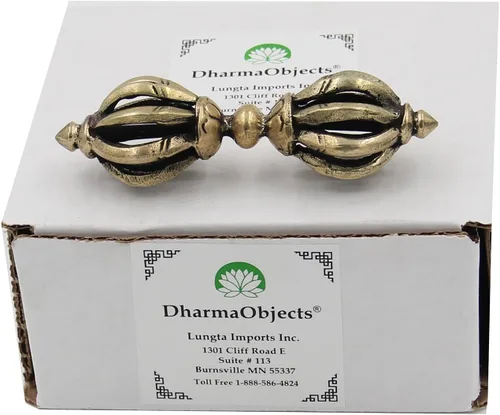 Vista 4 de DharmaObjects - Latón budista tibetano (Vajra) Thunderbolt Nueve radios Dorjee / Dorji (3.75 pulgadas)