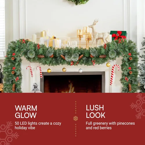 Vista 3 de Joiedomi - Guirnalda de Navidad de 9 pies preiluminada con 50 luces de cadena, cerdas, conos de pino, bayas de acebo para decoraciones de invierno