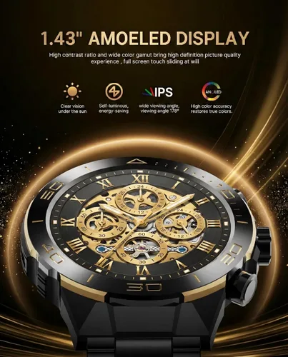 Vista 4 de SOUYIE Reloj inteligente para hombre con llamada Bluetooth, esfera redonda AMOLED de 1.43 pulgadas, bandas de acero inoxidable y silicona de lujo