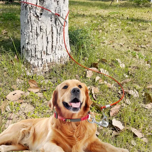 Vista 3 de Correa para perro a prueba de mordidas, cable de amarre de 5 pies con mango corto desmontable, cable trenzado de acero para entrenamiento de perros