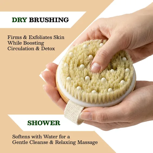 Vista 2 de Cepillo corporal grande de cepillado en seco, cepillo de cerdas de jabalí natural para drenaje linfático, celulitis, circulación sanguínea, nodos