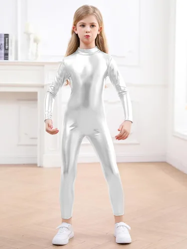 Vista 3 de Genfirdom Girls Shiny Metallic Unitard Long Sleeve Leotard Turtleneck Kids Bodysuit for Costume Dance 3-12 Years