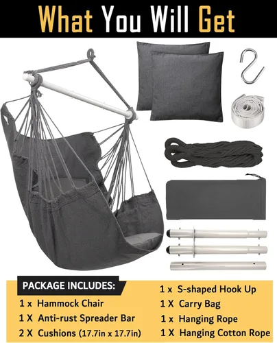 Vista 6 de MIZTLI Silla de Hamaca Silla Colgante Silla de Cuna Silla Colgante para Dormitorio Interior Exterior - Máx 500 Lbs - Barra de Separación de Acero