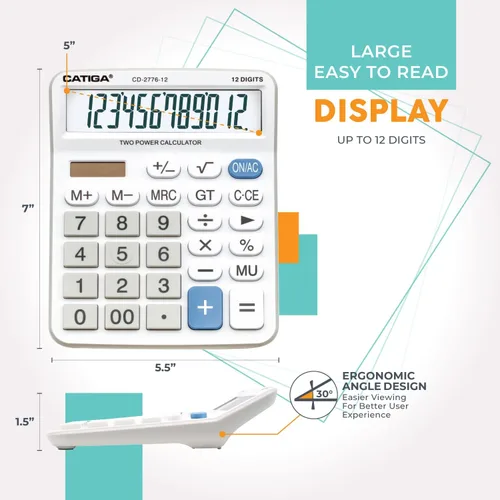 Vista 57 de CATIGA CD-2786 - Calculadora de escritorio de 12 dígitos con pantalla LCD grande y botón sensible, energía solar dual y batería, función estándar