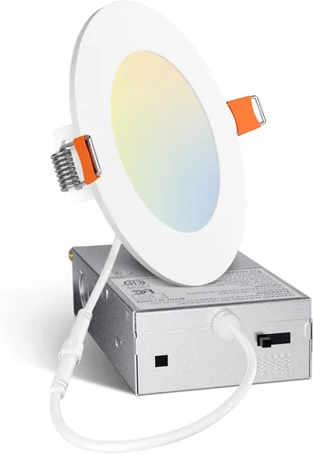 Amico Paquete de 1 lámpara de techo empotrable LED ultrafina de 4 pulgadas 5CCT con caja de conexiones, 2700K/3000K/3500K/4000K/5000K seleccionable