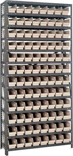 Vista 415 de Quantum QSBU-245BK Heavy Duty Shelving Unit with (7) Shelves and (24) QUS245 Black Bins for Garage Warehouse Storage Distribution 400 lb Load