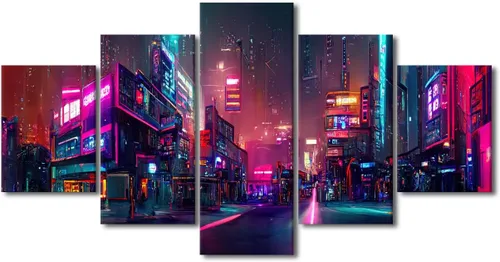 Vista 38 de Póster de 5 paneles en lienzo para decoración de pared, diseño de centro urbano Cyberpunk, impresión moderna, decoración de pared para el hogar