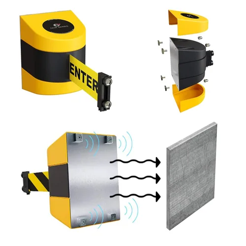 Vista 4 de Barrera retráctil de montaje magnético en pared de la serie CCW de Crowd Control Warehouse - WMB-220 - 15 pies, cinturón diagonal negro y naranja