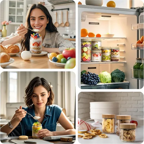 Vista 8 de Paquete de 4 recipientes para avena nocturna de 10 onzas con tapas de bambú, frascos de vidrio con tapas herméticas para preparación de comidas