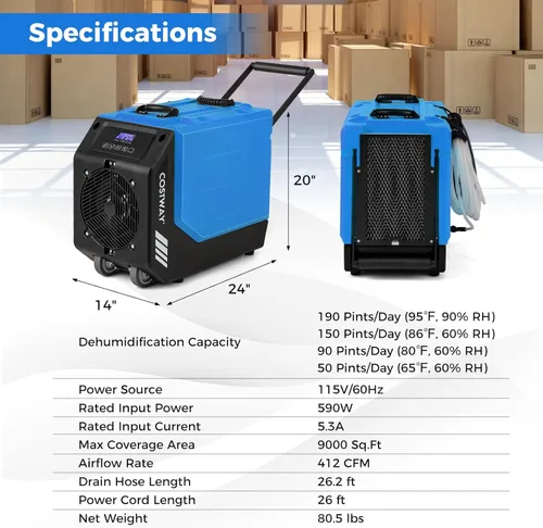 Vista 8 de COSTWAY Deshumidificador comercial 190 PPD con bomba, deshumidificador de espacio de rastreo moldeado rotacional con manguera de drenaje de 26 pies