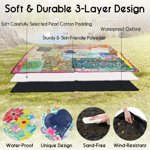 Vista 4 de Mantas de picnic impermeables, plegables, extra grandes, 80 x 60 pulgadas, manta de playa para exteriores, impermeable, a prueba de arena, 3 capas