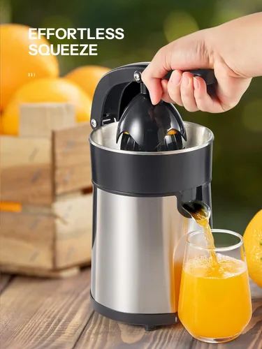 Vista 4 de Exprimidor eléctrico profesional de cítricos de acero inoxidable cepillado, 2 conos intercambiables para naranja, limón y pomelo, fácil de limpiar