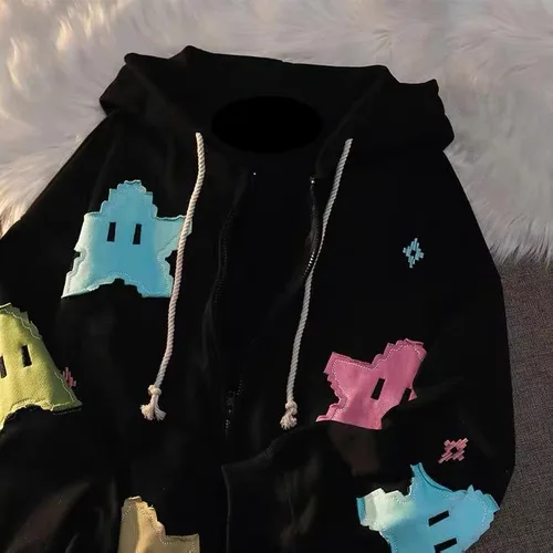 Vista 3 de Cbsdezanos Sudadera con capucha y cremallera Y2k para mujer, sudadera de gran tamaño con estampado de estrellas, hip hop, sudadera estética punk