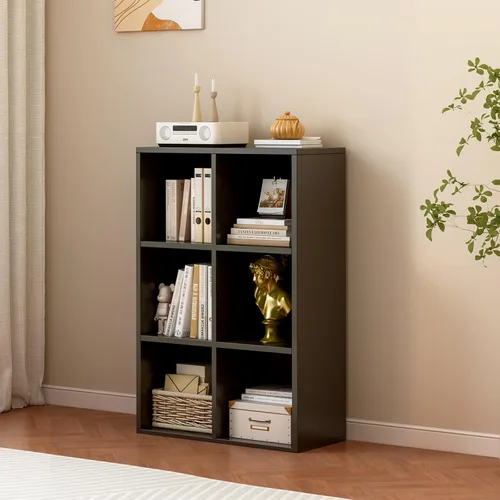 Vista 2 de OSCHF - Estantería de almacenamiento de 6 cubos, estantería de madera de 3 niveles con soporte en el suelo, estantería abierta para el hogar