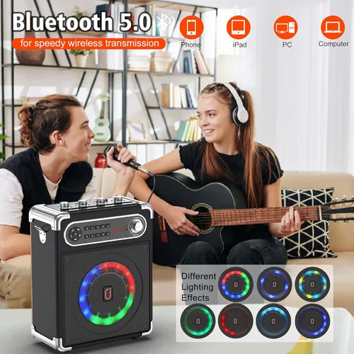Vista 6 de JYX - Máquina de karaoke con dos micrófonos inalámbricos, altavoz Bluetooth portátil con ajuste de graves/agudos, sistema de PA con control remoto