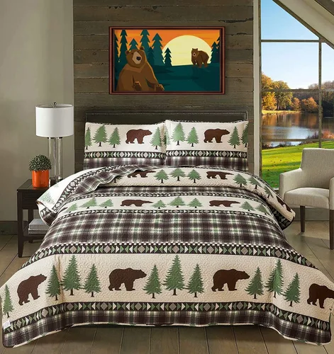 Vista 9 de CHESITY Juego de edredón rústico de tamaño individual, juego de ropa de cama de cabaña de alce y oso, colcha cosida, juego de cama reversible