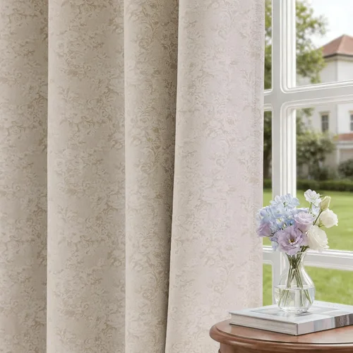 Cortinas opacas de jacquard floral beige de 63 pulgadas de largo para sala de estar, dormitorio, felpilla con flores, oscurecimiento de habitación,