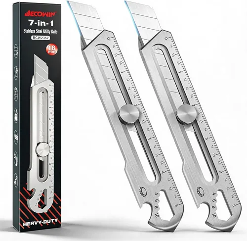 BECOWIN 2 Pack 7-in-1 Retractable Stainless Steel Utility Knife, Heavy Duty Box Cutter with Safety Lock, 18mm Snap-Off Blade Compatible, Multi Tool